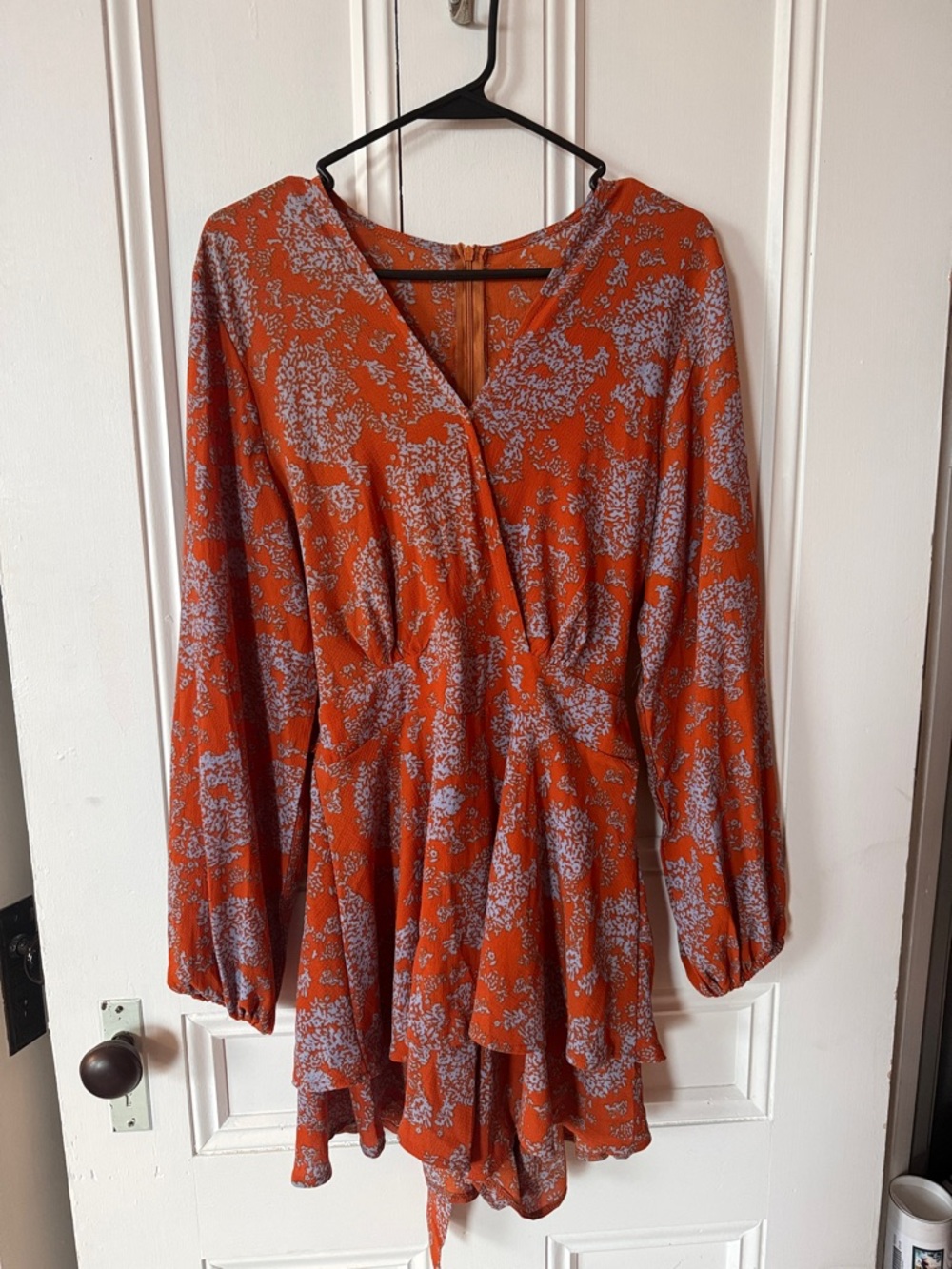 Boho Floral Long Sleeve Ruffle Romper Navy & Orange - Size M